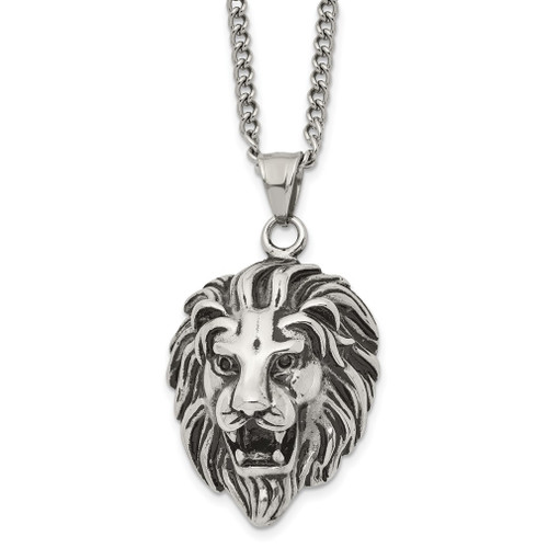 Lex & Lu Chisel Stainless Steel Antiqued and Polished Lion Head Necklace 24'' - Lex & Lu