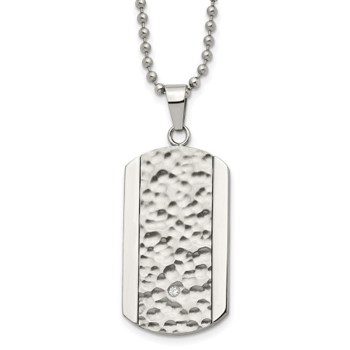 Lex & Lu Chisel Stainless Steel Polished Hammered w/CZ Dog Tag Necklace 22'' - Lex & Lu