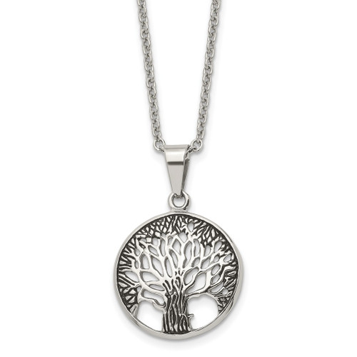 Lex & Lu Chisel Stainless Steel Polished Antiqued Tree of Life Necklace 20'' - Lex & Lu