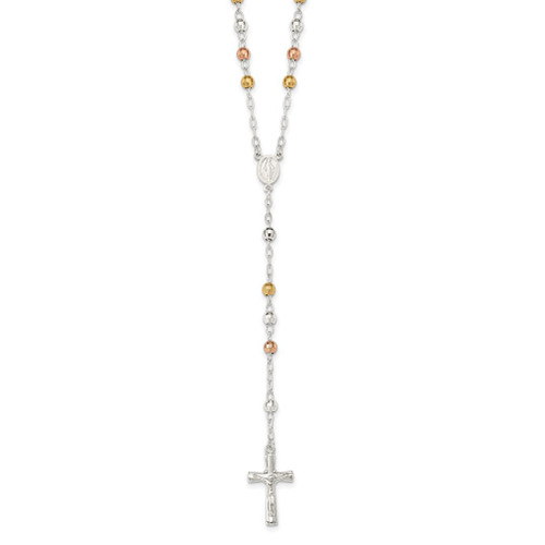 Lex & Lu Sterling Silver Polished Rosary Tri-color Beads Necklace 26'' LAL11970 - Lex & Lu