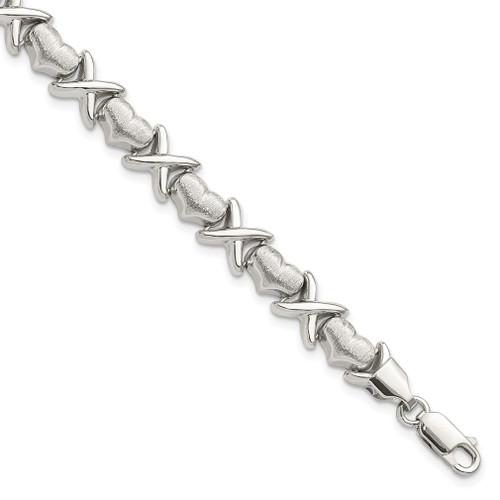 Lex & Lu Sterling Silver Polished and Satin X and Hearts Bracelet 7'' LAL13687 - Lex & Lu