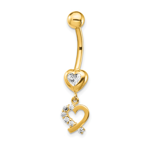 Lex & Lu 14k Yellow Gold 14 Gauge CZ 2-Hearts Dangle Belly Ring BD134 - Lex & Lu