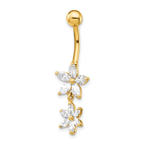 Lex & Lu 14k Yellow Gold 14 Gauge CZ 2-Flower Dangle Belly Ring BD143 - Lex & Lu