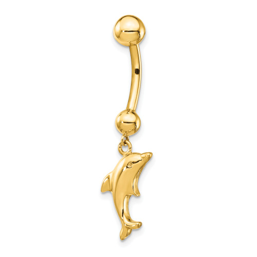 Lex & Lu 14k Yellow Gold 14 Gauge Dolphin Dangle Belly Ring BD144 - Lex & Lu