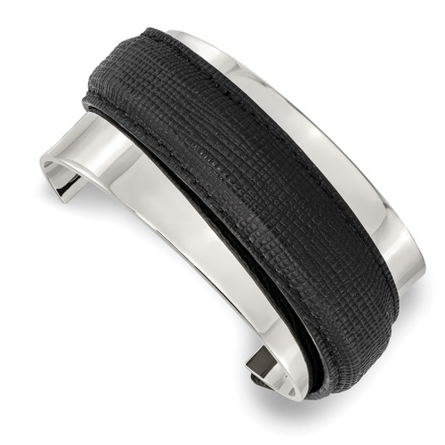 Lex & Lu Chisel Stainless Steel Polished w/Leather Cuff Bangle Bracelet - Lex & Lu