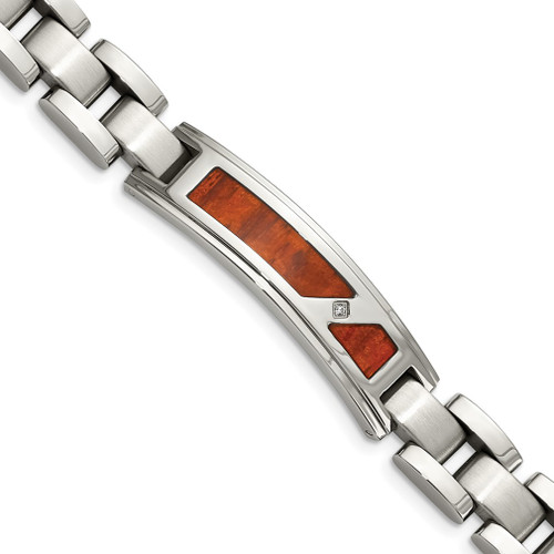 Lex & Lu Chisel Stainless Steel Brushed & Polished w/Wood Inlay and CZ Bracelet - Lex & Lu