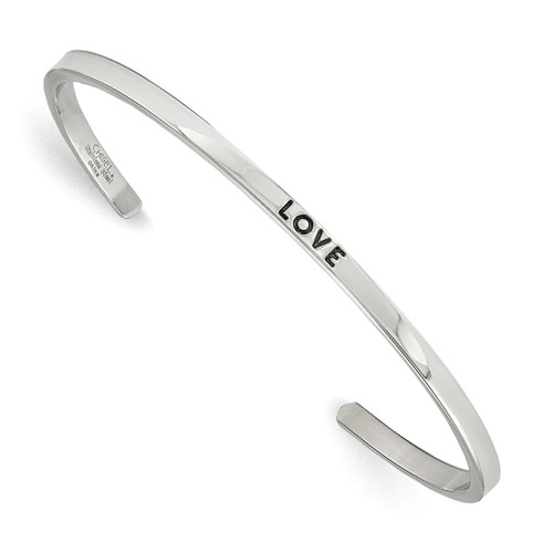 Lex & Lu Chisel Stainless Steel Polished Love CZ 3mm Cuff Bangle Bracelet - Lex & Lu