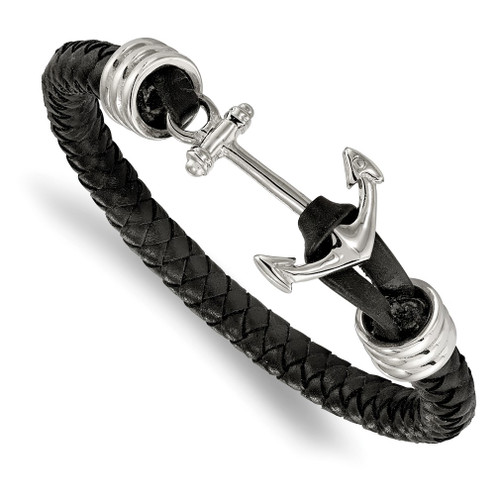 Lex & Lu Chisel Stainless Steel Black Braided Leather Anchor 8.5'' Bracelet - Lex & Lu