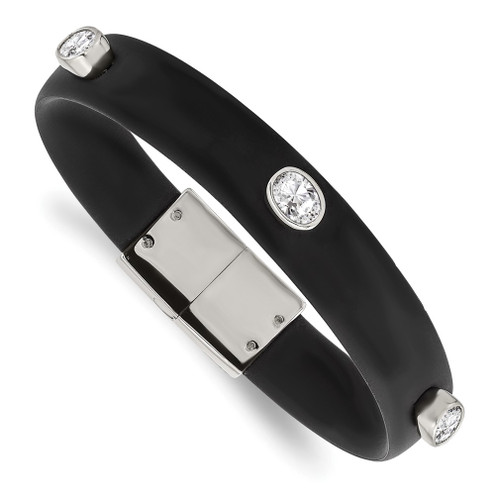 Lex & Lu Chisel Stainless Steel Polished CZ Silicone Band Ring Bracelet - Lex & Lu