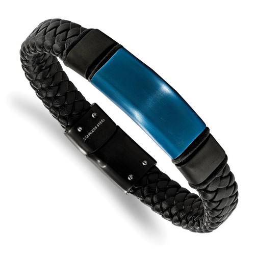 Lex & Lu Chisel Stainless Steel Blk & Blue Plated w/Silicone & Leather Bracelet - Lex & Lu