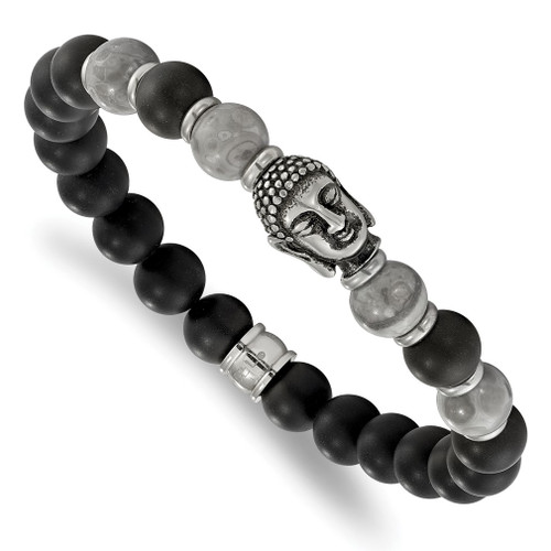 Lex & Lu Chisel Stainless Steel Buddha Blk Agate/Grey Jasper Beaded Stretch Bracelet - Lex & Lu