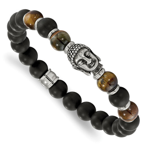 Lex & Lu Chisel Stainless Steel Buddha Blk Agate Tiger Eye Beaded Stretch Bracelet - Lex & Lu