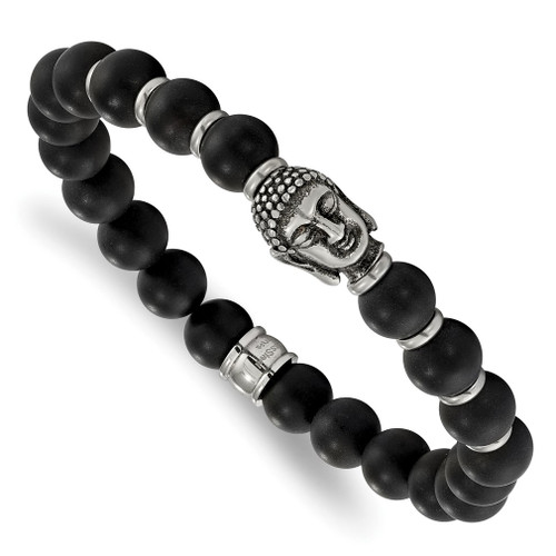 Lex & Lu Chisel Stainless Steel Buddha Black Agate Beaded Stretch Bracelet - Lex & Lu