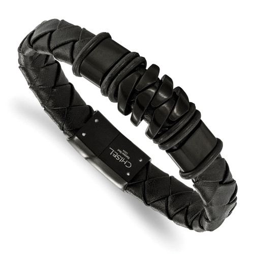 Lex & Lu Chisel Stainless Steel Blk Plated Blk Leather Bracelet LAL151177 - Lex & Lu