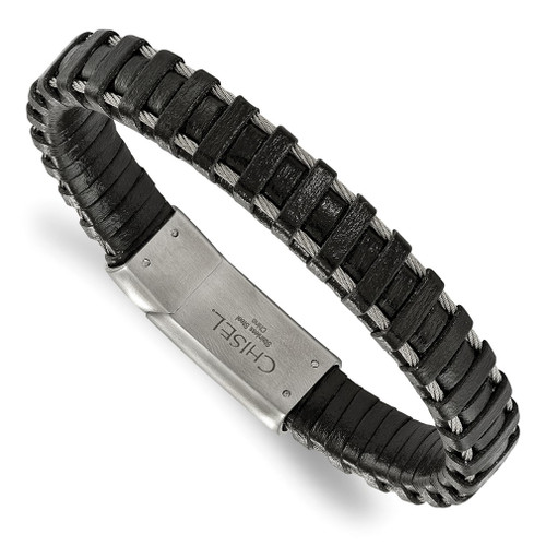 Lex & Lu Chisel Stainless Steel Brushed Cable and Black Leather Bracelet - Lex & Lu