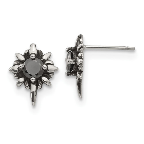 Lex & Lu Chisel Stainless Steel Antiqued and Polished w/Black CZ Post Earrings - Lex & Lu