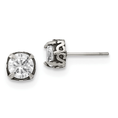 Lex & Lu Chisel Stainless Steel Antiqued and Polished CZ Post Earrings LAL151322 - Lex & Lu