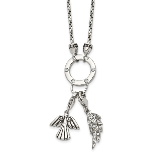 Lex & Lu Chisel Stainless Steel Polished CZ Charm Feather/Angel Necklace - Lex & Lu