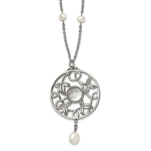 Lex & Lu Chisel Stainless Steel Polished FWC Pearl & CZ & Glass Necklace - Lex & Lu