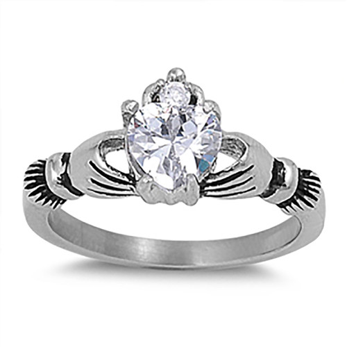 Lex & Lu Ladies Fashion Stainless Steel Claddagh Ring w/Gem heart-Lex & Lu