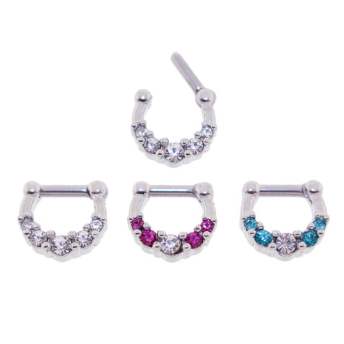 Lex & Lu Set of 3 - Steel CZ Gem Septum Clicker Nose Ring Hoops 16 or 14 Gauge SCG013-Lex & Lu