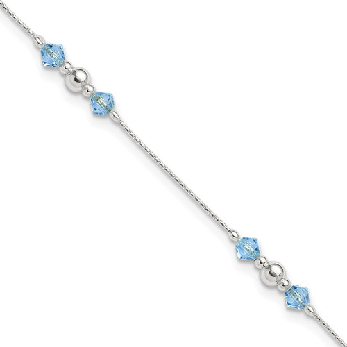 Lex & Lu Sterling Silver Polished Bead and CZ Anklet 9'' - Lex & Lu