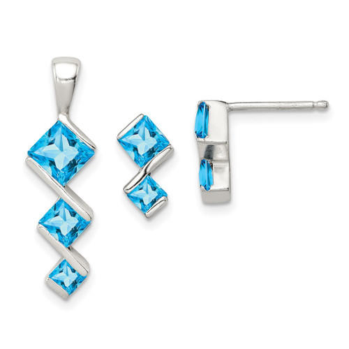 Lex & Lu Sterling Silver Polished Blue Topaz Pendant and Post Earrings Set - Lex & Lu