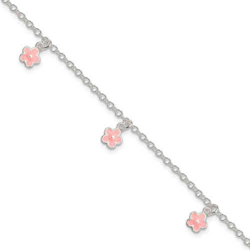 Lex & Lu Sterling Silver Pink Enamel Flower Bracelet 5.5'' - Lex & Lu