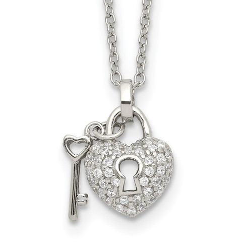 Lex & Lu Sterling Silver Polished CZ Heart Lock & Key Necklace 16.5'' - Lex & Lu