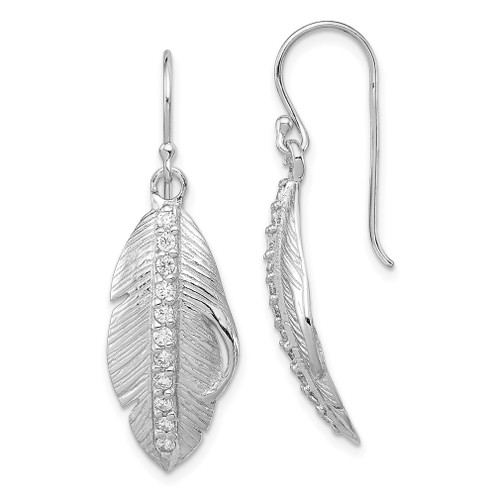 Lex & Lu Sterling Silver CZ Textured Feather Shepherd Hook Earrings - Lex & Lu