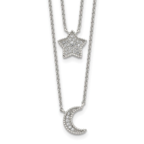 Lex & Lu Sterling Silver Polished CZ Moon and Star Double Strand Necklace 16'' - Lex & Lu