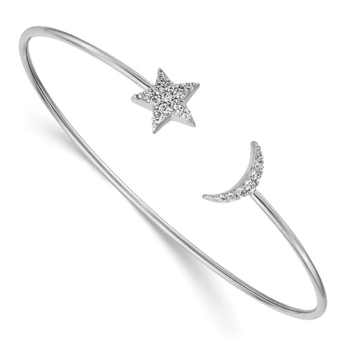 Lex & Lu 14k White Gold Diamond Moon & Star Flexible Bangle Bracelet - Lex & Lu