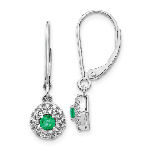 Lex & Lu 14k White Gold Diamond Halo Emerald Leverback Dangle Earrings - Lex & Lu