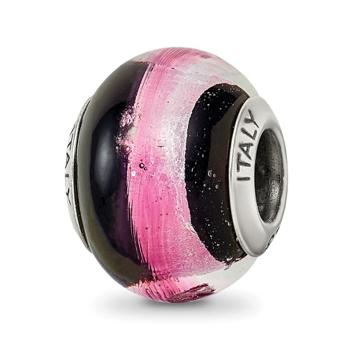 Lex & Lu Sterling Silver Reflections Pink/Black Italian Murano Bead - Lex & Lu