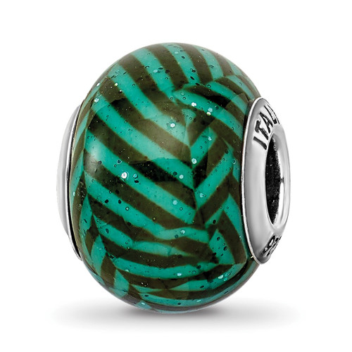 Lex & Lu Sterling Silver Reflections Italian Teal Stripes w/Glitter Glass Bead - Lex & Lu