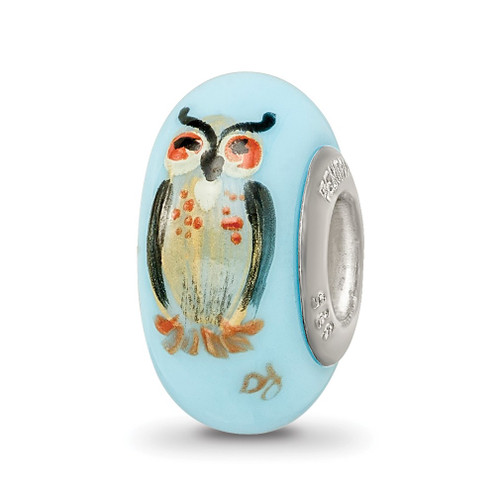 Lex & Lu Sterling Silver Reflections Blue Hand Painted Wisdom Owl Fenton Glass Bead - Lex & Lu