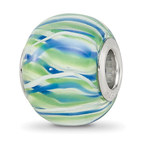 Lex & Lu Sterling Silver Reflections Blue, Green and White Striped Glass Bead - Lex & Lu