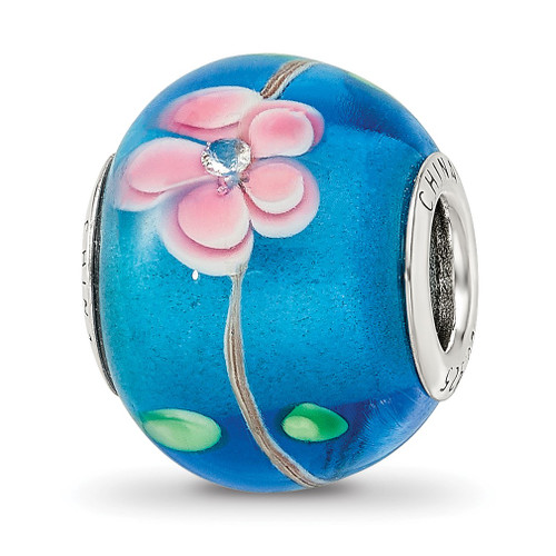 Lex & Lu Sterling Silver Reflections CZ Blue & Pink Floral Blue Glass Bead - Lex & Lu