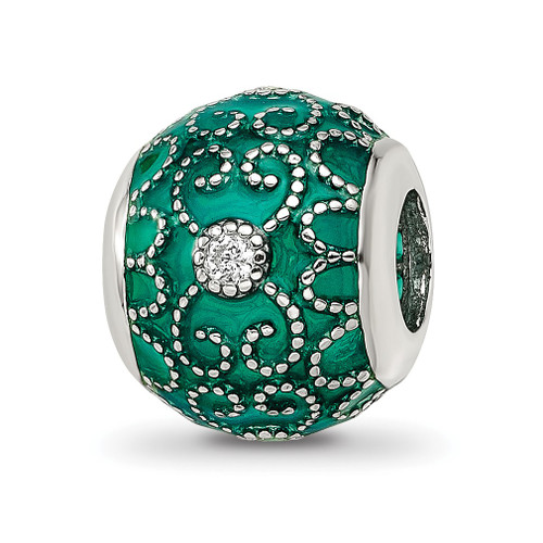 Lex & Lu Sterling Silver Reflections CZs Green Enameled Bead - Lex & Lu