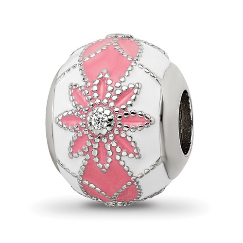 Lex & Lu Sterling Silver Reflections CZs White & Pink Enameled Flowers Bead - Lex & Lu