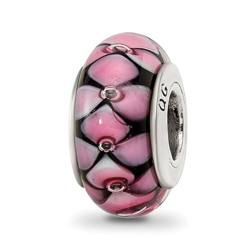 Lex & Lu Sterling Silver Reflections Black/Pink Hand-blown Glass Bead LAL6663 - Lex & Lu