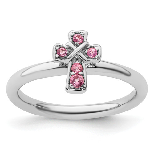 Lex & Lu Sterling Silver Stackable Expressions Rhodium Pink Tourmaline Cross Ring LAL8318 - Lex & Lu