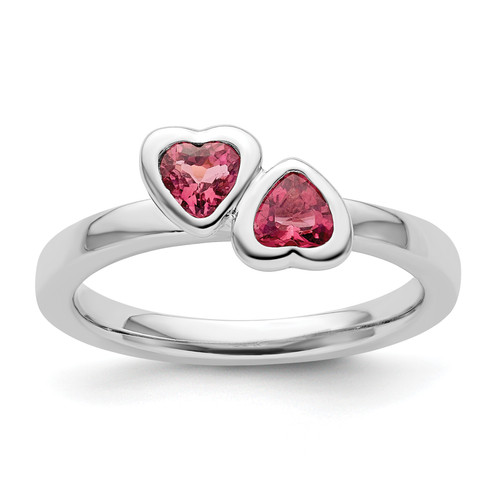 Lex & Lu Sterling Silver Stackable Expressions Pink Tourmaline Double Heart Ring LAL10423 - Lex & Lu