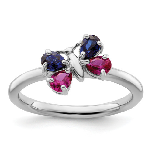 Lex & Lu Sterling Silver Stackable Expressions Cr Ruby & Cr Sapphire Butterfly Ring LAL12139 - Lex & Lu