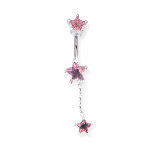 Lex & Lu Steel Belly Ring 14 Gauge 7/16" Long w/Matching Pink Gem Star Charms-Lex & Lu