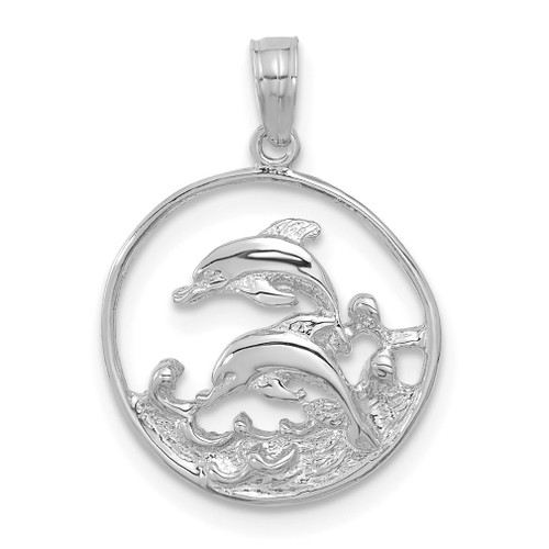 Lex & Lu 14k White Gold Double Dolphin Circle Pendant - Lex & Lu