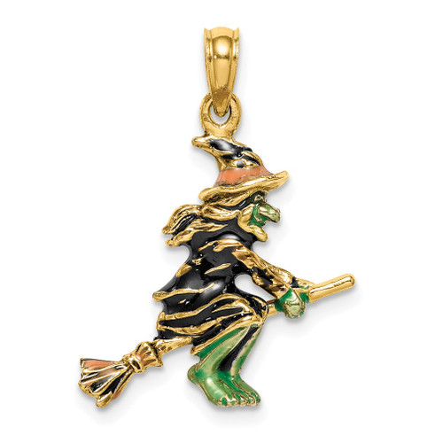 Lex & Lu 14k Yellow Gold 3D Enameled Witch Flying on Broom Charm - Lex & Lu