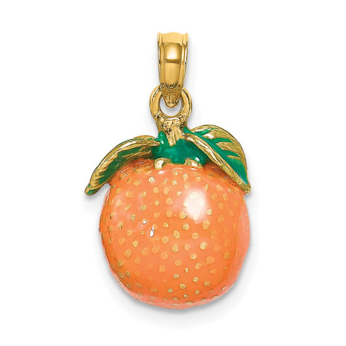 Lex & Lu 14k Yellow Gold w/Enamel 3D Orange with Stem and Leaf Charm - Lex & Lu