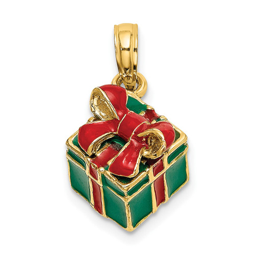 Lex & Lu 14k Yellow Gold 3D w/Enamel Green Gift Box w/Red Bow Charm - Lex & Lu