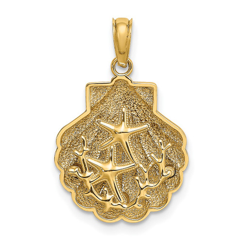Lex & Lu 14k Yellow Gold 2D and Textured Shell w/Two Starfish and CORAL Charm - Lex & Lu